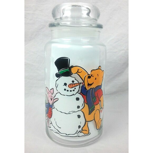 Winnie The Pooh Glass Jar With Lid Featuring Snowman & Piglet Winter Candy - Picture 2 of 7
